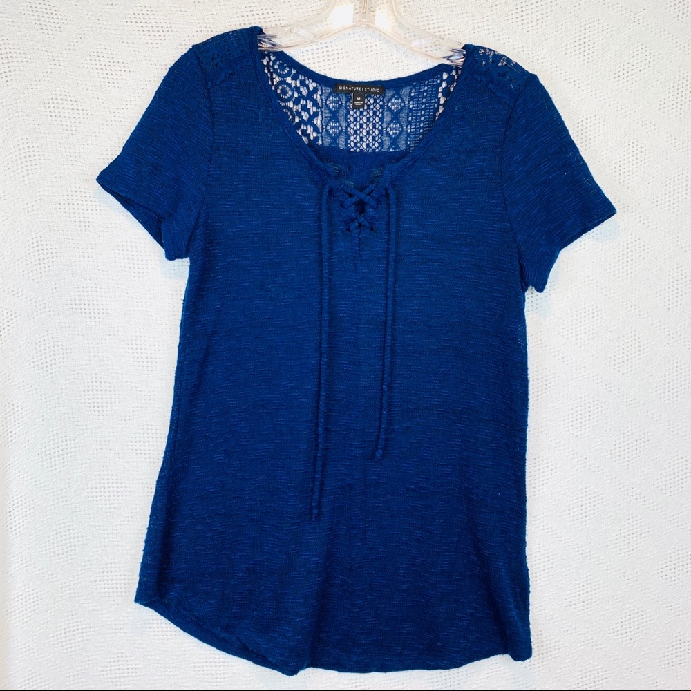 Signature Studio M Blue Burnout Lace Up V-neck Top Short Sleeve Cotton Blend Top